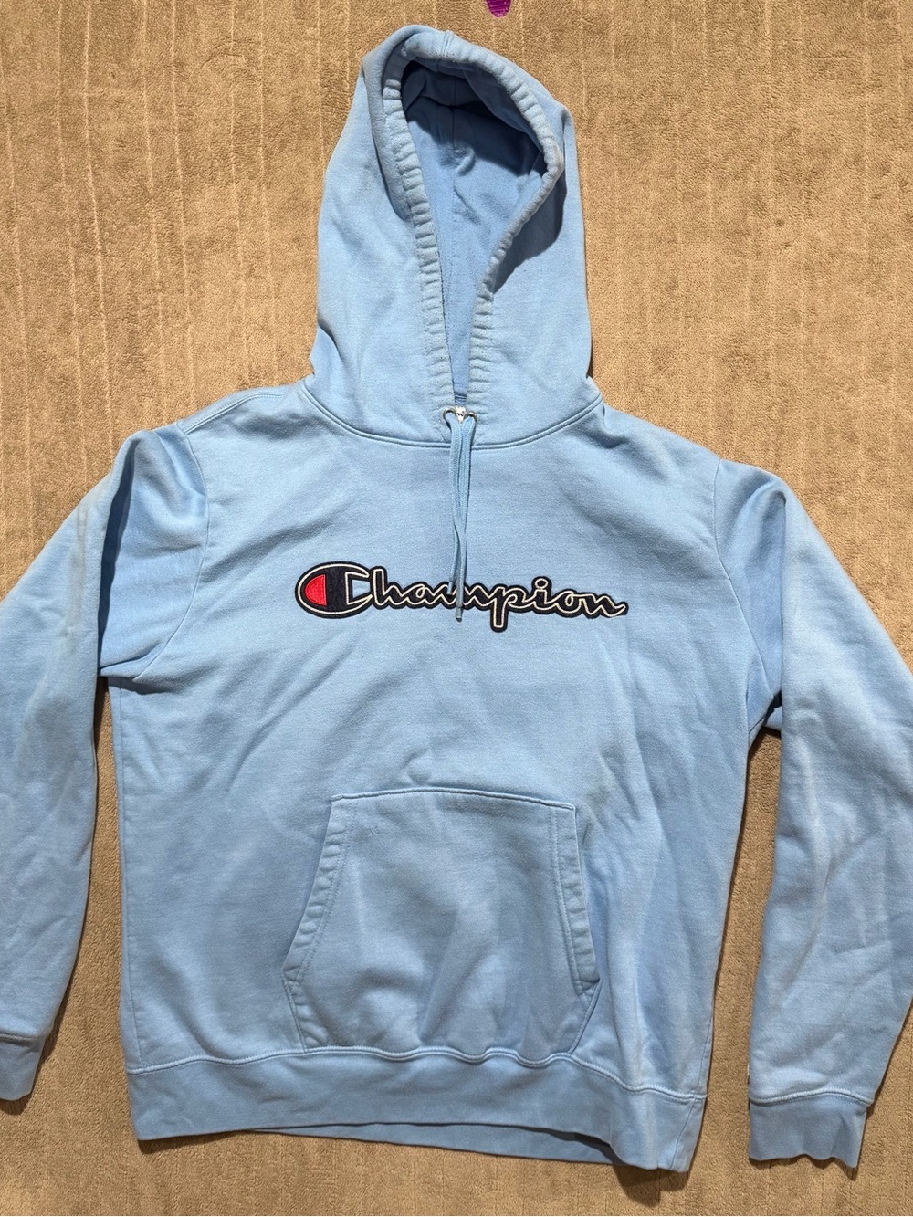Men’s Champion Hoodie Spell Out Logo Front Embroidered Carolina Blue Y2K Large